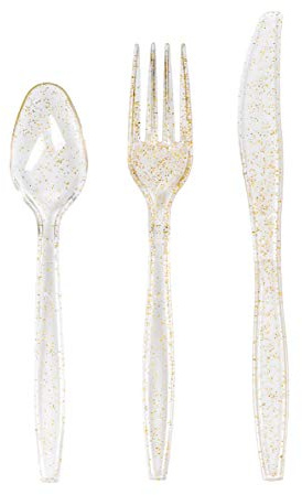 Matana 300 Posate in Plastica Trasparente con Glitter Dorati - Resistente