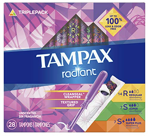 Tampax Radiant Tampons Trio Pack Regular/Super/Super Plus Absorbency, Unscented, 28 Count