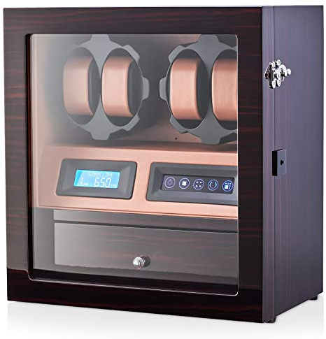 4 Watch Winder with 5 Watch Storage Space, LCD Display, Touch Control and Interior Light (Ebony + Brown)