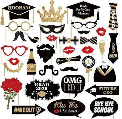 Happy Graduation 2026 Photo Booth Props 35pcs Funny Large Graduation Photo Props Class of 2026 Grad Decor with Sticks for Kids Boy Girl Women Men Graduation Party Favors Supplies Decorations