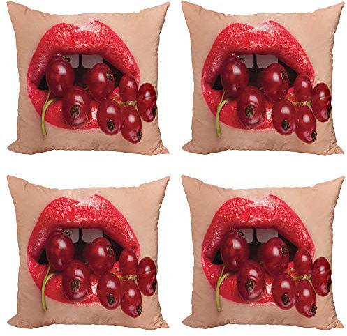 ABAKUHAUS Mela Federe Cuscini Set di 4, Red Delicious Healty Alimentari, Stampa Digitale Fronte-Retro con Accento Moderno, 50 cm x 50 cm, Crema Blu Rubino