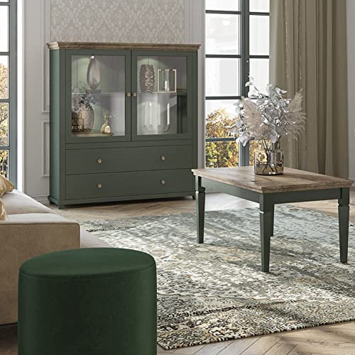 Lomadox Wohnzimmer Möbel Set Couchtisch und Vitrine in grün mit Lefkas Eiche Nb.