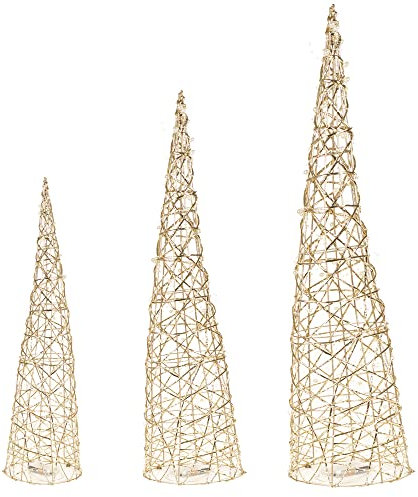 URBNLIVING 3 conos LED iluminados para árbol de Navidad, pirámides de cono de Navidad con cuerdas de luces LED para decoración del hogar, ventana, 40-80 cm de alto, 3 pilas AA (perlas doradas)