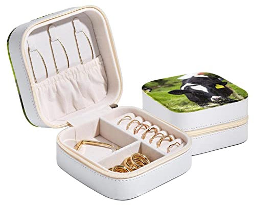 Caja de almacenamiento de joyas de viaje Estuche de joyería de becerro joven vacas lecheras verdes pastos para mujeres y niñas