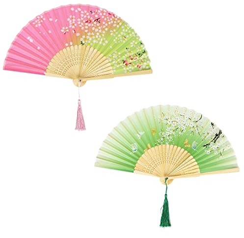 Hileyu Handfächer Faltbarer Handfächer für Frauen 2 Stück Chinesischer Seidenstoff Handfächer mit Quaste Klassischer Bambusfächer für Wanddekoration Hochzeitsdekoration (Green)