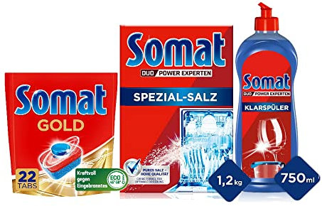 Somat Gold Spülmaschinen Tabs (22 Tabs), strahlend sauberes Geschirr, Extra-Kraft gegen Eingebranntes & Somat Klarspüler, Extra-Trocken Effekt, Extra-Glanz | 750 ml & Somat Spezial Salz 1,2Kg