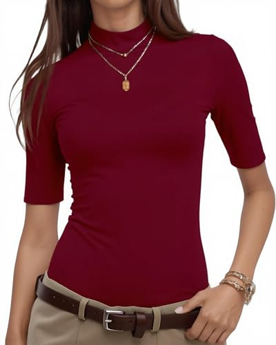 WOWENY Maglione da Donna a Maniche Corte Elegante Maglietta a Maniche Lunghe con Colletto Alto Elastico, Collo Alto, in Cotone, Vino Rosso a Maniche Corte, M