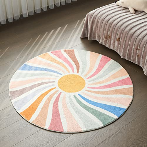 Topotdor Runder Teppich mit Sonnenregenbogen, bunt, Boho-Kinderteppich, ultraweich, waschbar, für Schlafzimmer, Perschool Klassenzimmer, 160 cm rund