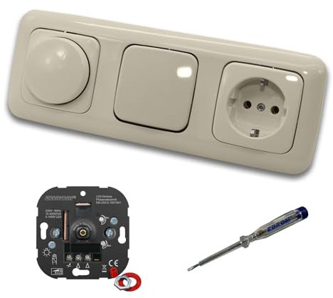 EBROM 1001 LED Drehdimmer Dimmer + Busch Jäger Dimmerscheibe 2115-212 + Lichtschalter 2000/6 US + Steckdose 20EUC-212 DURO2000 cremeweiß glänzend + EBROM Phasenprüfer z. Montage der Geräte