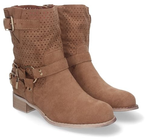 82475-Botines de Mujer con Tacon Bajo y Adornos de Hebillas, Estilo Casual, Cana Calada, Cremallera Lateral, Punta Redonda, Toda Ocasion. Talla 37 Camel
