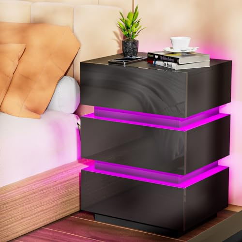 EXSELTMAN LED-Nattduksbord, Smart Sidobord Med 3 Glidlådor, 16 Färger, 2 Portar Och 2 USB-Uttag, För Vardagsrum, Sovrum, Kontor, 45 x 35 x 61 cm