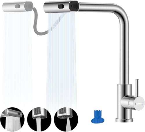 DAYONE Wasserfall Wasserhahn Küche Ausziehbar, 360° Drehbar Mischbatterie Küche mit 3 Strahlarten, Hochdruck Mischbatterie Spültischarmatur mit Brause, SUS304 Edelstahl Küchenarmatur, Gebuerstet