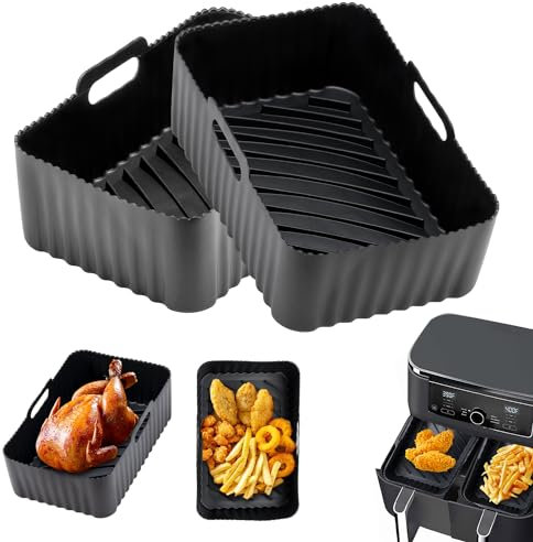 Teglia per Friggitrice ad Aria Riutilizzabili Teglie per Friggitrice ad Aria Accessori Friggitrice ad Aria Contenitori Silicone Doppio Cestello Accessori per Air Fryer, Forno, Microonde, Nero 2 Pezzi