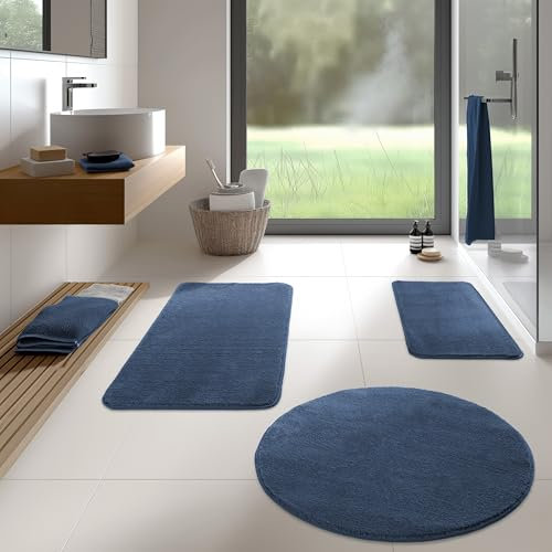 TA&MA Store Badezimmerteppich | Badezimmer Teppiche rutschfest waschbar – Hochwertige Badematte & Badteppich - Badematte als Set kombinierbar - Teppich Badezimmer Blau 60x100 cm