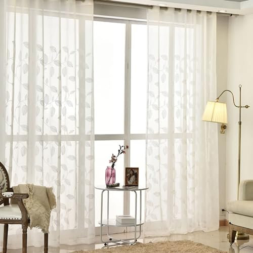 Homxi Vorhang Schlafzimmer Transparent 2er Set,2 x 107W x 214H cm,Vorhänge Durchsichtig Schlafzimmer Weiß Blatt Stickerei Vorhang Ösen Modern