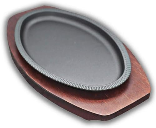 HPTHLY Steakplatten-Set aus Gusseisen, Steakplatte aus Gusseisen, Brutzel-Grillplatte mit Holzsockel, Steakpfanne, zum Grillen in der Pfanne, für Fleisch, Meeresfrüchte, Rot || Groß