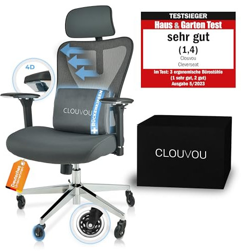 CLOUVOU CleverSeat Bürostuhl Ergonomisch [TESTSIEGER] Schreibtischstuhl 100% individuell einstellbar | Büro Stuhl & Gaming Stuhl | Computerstuhl Home Office Chair Ergonomic | Drehstuhl 150 kg