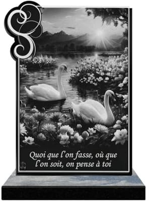 Eternel - Plaque Funéraire Personnalisée Cadre Ornements - Cygnes, Nature, Paysage, Fleurs - Texte Personnalisable, Plaque Funéraire Gravée au Laser pour Hommage, Plaque Tombale, Cimetière Enterrement