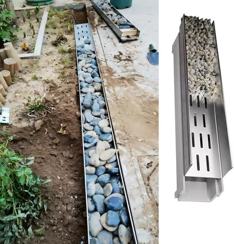 Drenaggio a Trincea Filtri di Drenaggio per Trincea con Ciottoli Lunghi 60 Cm, Canale di Drenaggio con Griglia Metallica Rimovibile, Sistema di Canali di Drenaggio per Recinzione da Giardino/Giardina