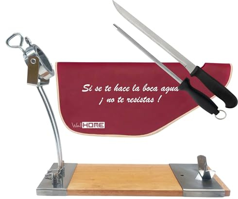 Well Home IBERIA Luxury Hammer Holder Made of Wood and Stainless Steel, Ham Knife (25 cm) and Chaira (21 cm) + Ham Cover 'Tiberic' Bordeaux