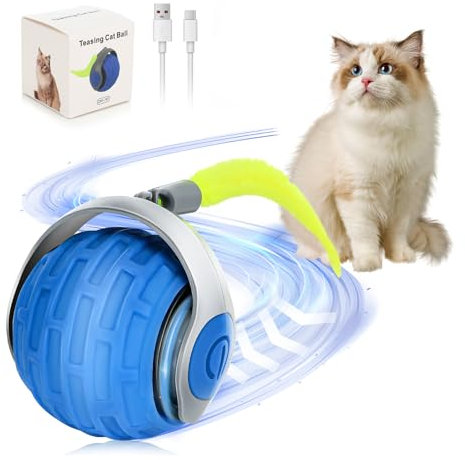 Pavlleen Katzenspielzeug Elektrisch Katzenball mit LED Licht, Interaktives Katzenspielzeug Ball, USB Wiederaufladbarer, 360° mit Ersatzschwanz Selbstdrehender, Lustiges Bälle Spielzeug (Blau)