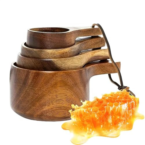 Juego de tazas y cucharas medidoras de madera, cuchara de café de granja, herramientas de medición de madera natural, cocina duradera, accesorios rústicos de cocina y horneado, cucharas multiusos para