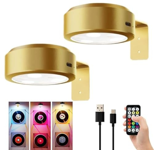 2 Stück Magnetisches Mallicht mit 13 Beleuchtungsmodi, Kabellos Bildbeleuchtung, Drahtlose Malerei Licht mit Fernbedienung &Timer, Wiederaufladbar Wandkunst Licht für Malerei, Bilderrahmen (Gold)