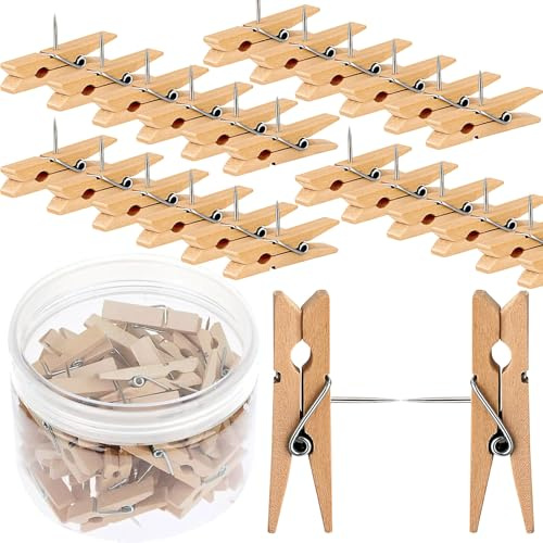 Clip in Legno Puntine,50 Pezzi Mollette in Legno con Spille Puntine per Lavagna Sughero Puntine Chiodini di Mappa Mollette Legno Piccole per Bacheca,Mappa,Bacheca in Sughero,Lavagne Sughero