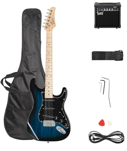 Bonnlo Full Size Electric Guitar Kit for Music Lover Beginner with 20W Guitar Amplifier, Guitar Bag, Cable, Strap, Pick, Tremolo Bar, Tool (Blue)
