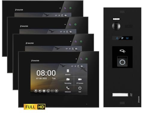 SCHUTZER Balter EVO 2-Draht Bus Video Türsprechanlage Komplettsystem mit 150° Weitwinkelkamera 2 Klingeltasten 7 Touchscreen-Monitor Interkom Nachtsicht-LEDs (Schwarz/Schwarz ohne Wi-Fi, 4 Monitore)