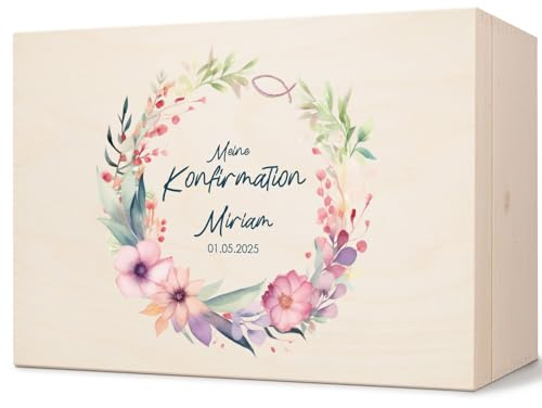 GRAVURZEILE Bedruckte Erinnerungskiste - Blumenkranz - Personalisiert mit Name & Datum - Erinnerungsbox für Mädchen & Jungen - Geschenk zur Kommunion, Konfirmation & Taufe - Erinnerungsbox