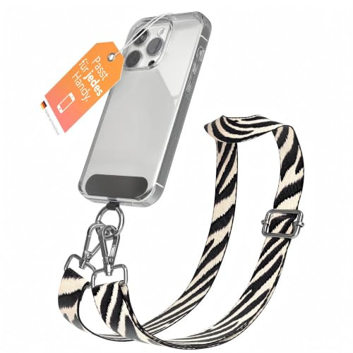 EAZY CASE - Handykette Universal zum Umhängen kompatibel mit jedem Handy Kette mit Hülle kombinierbar Handykordel Karabiner für Handyhülle Handyband zum Umhängen Zebra - Schwarz Taupe Silber