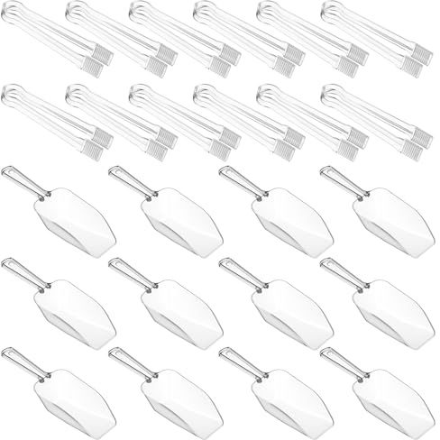 YXSJAS 24 Pcs Clear Plastic Ice Scoops Tongs Set Acrylic Kitchen Scoops Multi Purpose Ice Scoop Mini Food Serving Tongs Candy Buffet Scoops Freezer Bin Canister Utensils for Ice Cubes, Tea, Coffee