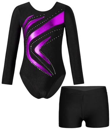 Sinleey Turnanzug Mädchen Langarm Glitzer Gymnastikanzug mit Hose Shorts 2-teiliges Gymnastikoutfit Wettkampf