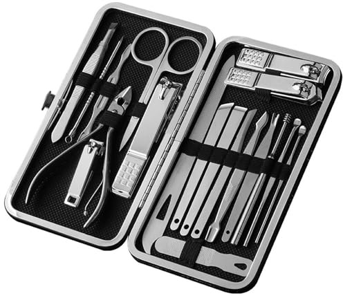 Kit de manicura Pedicure Kit de cuidado de uñas de acero inoxidable 19 piezas con estuche de viaje de cuero para hombres y mujeres, conjunto de manicura, cortaúñas profesional, kit de pedicura