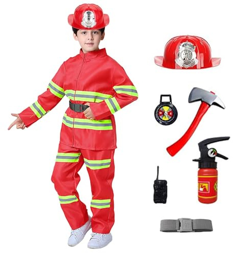 Disfraz de bombero infantil de 8 piezas, disfraz de incendio completo con casco y accesorios para juego de rol, Halloween, fiesta de cumpleaños, Navidad (3-9 años)
