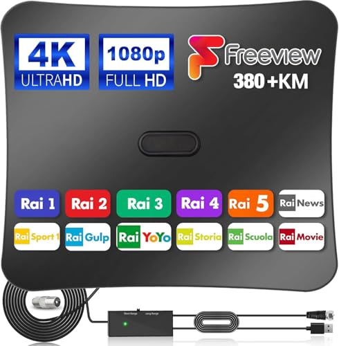 Yowrepu Antenna TV Interna Amplificata Potente - Ricezione DVB - T2 Segnale per 400 km con Gamma 360°, Supporta Smart TV 4K HD/1080P, Con 5 m di Cavo Coassiale e Connettore Maschio Tipo F - Nero