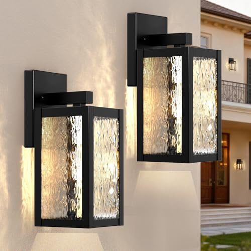 Wondlumi 2 Stück Außenlampe E27 IP44 Glas Schwarz Vintage Wandlampe | Aussenleuchte Wasserstruktur-Glas Retro Wandleuchte Aussen 230V Haus Garage Balkon Hof Eingangsbereichohne Leuchtmittel