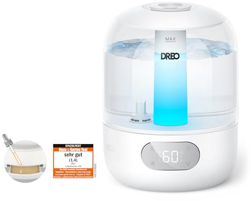 DREO 3L Humidificador Bebés Silencioso 26dB para Dormitorio, Niebla Fría Ultrasónica, Boquilla 360°, 30h Autonomía, Luz Ambiental, Difusor Aceites Esenciales, para Hogar, Blanco