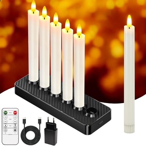 HL Aufladbare LED Stabkerzen mit Timerfunktion, Ladestation & Fernbedienung –3D-Docht Flackernde flammenlose Kerzen Warmes Licht für Weihnachtsdeko,Hochzeit,Zimmer Deko（Weiß, 25 x 2 cm）
