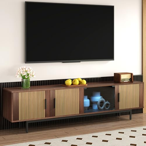 Worletty Mueble de TV con textura tallada, mueble de TV con barra de luz LED y puerta de cristal templado. Negro, 200 x 35 x 53 cm, marrón nogal