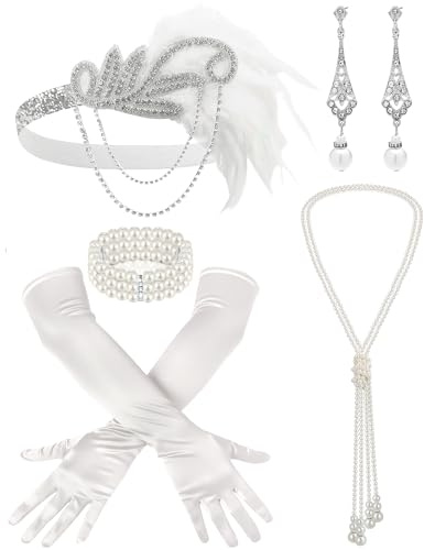 ETOFETE 5 Stück 20er Jahre Accessoires Damen, Stirnband Ohrringe Handschuhe Perlenkette Armband, Karneval Charleston Zubehör