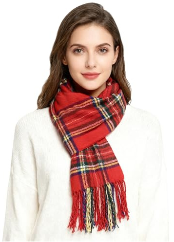 Red Scarf Winter Warm Scarves for Men Women, Tartan Scarf Fringe Plaid Neckerchief, Soft and Warm Scottish Tartan cashmere feel plaid Shawl Wraps, Stylish Accessory Gifts for New Year Christmas