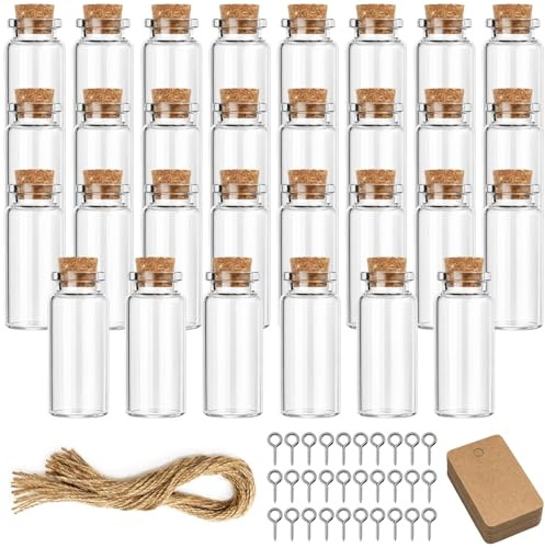 Richunie 30 Stück Kleine Glasflaschen, 10Ml Glasfläschchen, Mini Glasflaschen Mit Korken, Mini Glasfläschchen Set Mit Metallschraubhaken + Etikett + Dünne Hanfseil Für Diy, Hochzeitsdeko
