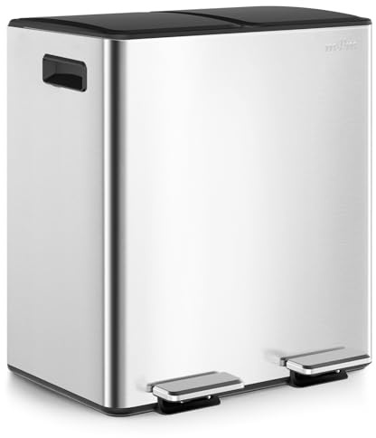 mVm Pattumiera a doppio scomparto, 2 x 20 L Pattumiera Cucina, Acciaio Inossidabile, pedali in metallo, 2 Secchi Interno in Plastica, Coperchi, Manici, Chiusura Ammortizzata, Argento