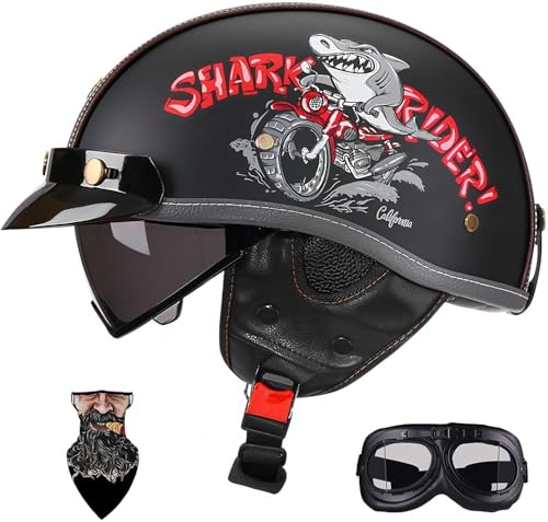 Caimcie Casco da Moto retrò a Mezza Calotta con omologazione ECE/DOT, Casco Leggero da 750 g per ciclomotore/Scooter per Uomo e Donna, Doppie Prese d'Aria, Visiera Rimovibile. H,XL=61-62cm