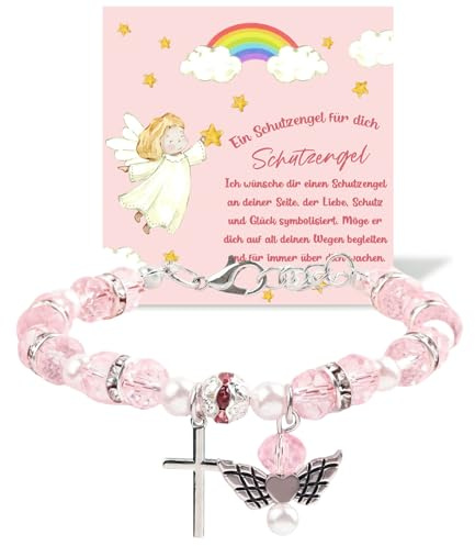 GGXDH Kommunion Armband Geschenke für Mädchen, Verstellbar Kristallperlen Armbänder Taufgeschenk mit Schutzengel Kreuz Charme, Erstkommunion Konfirmation Glücksbringer Geschenke