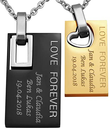 Hanessa 2 Stück Personalisierte Kette mit Gravur Edelstahl 50 cm mit Anhänger LOVE FOREVER Rechteck in silber schwarz gold - Personalisierte Geschenke für Damen Herren Freundin Freund