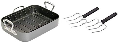 MasterClass Teflon Non Stick Roasting Tin with Rack, Carbon Steel, 36 x 27 x 7.5 cm & KitchenCraft Meat and Poultry Lifting Forks, 22 x 9 cm (Set of 2)