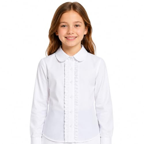 Bienzoe Girl White Ruffle Blouse: Wrinkle-Free School Uniform | Long Sleeve Cotton Collared Dress Shirt, No See-Through, All-Day Neat, Church Choir Daily Wear